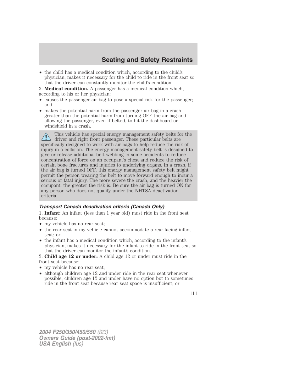 Seating and safety restraints | FORD 2004 F-550 v.2 User Manual | Page 111 / 312