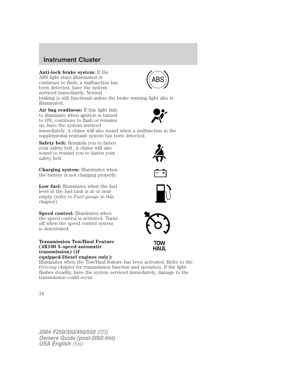 Instrument cluster | FORD 2004 F-550 v.2 User Manual | Page 14 / 312