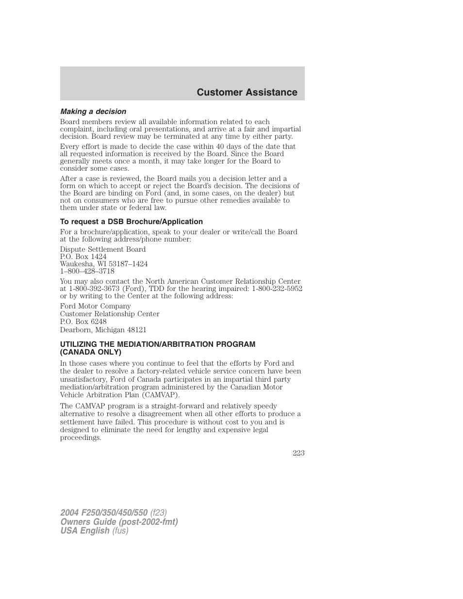 Customer assistance | FORD 2004 F-550 v.2 User Manual | Page 223 / 312