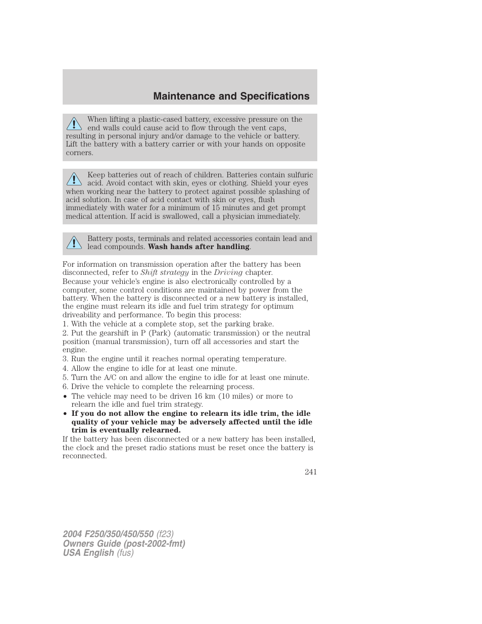 Maintenance and specifications | FORD 2004 F-550 v.2 User Manual | Page 241 / 312