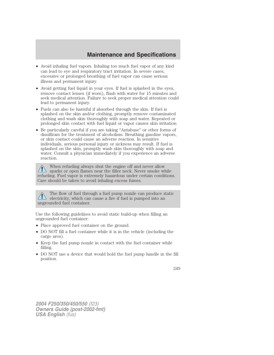 Maintenance and specifications | FORD 2004 F-550 v.2 User Manual | Page 249 / 312