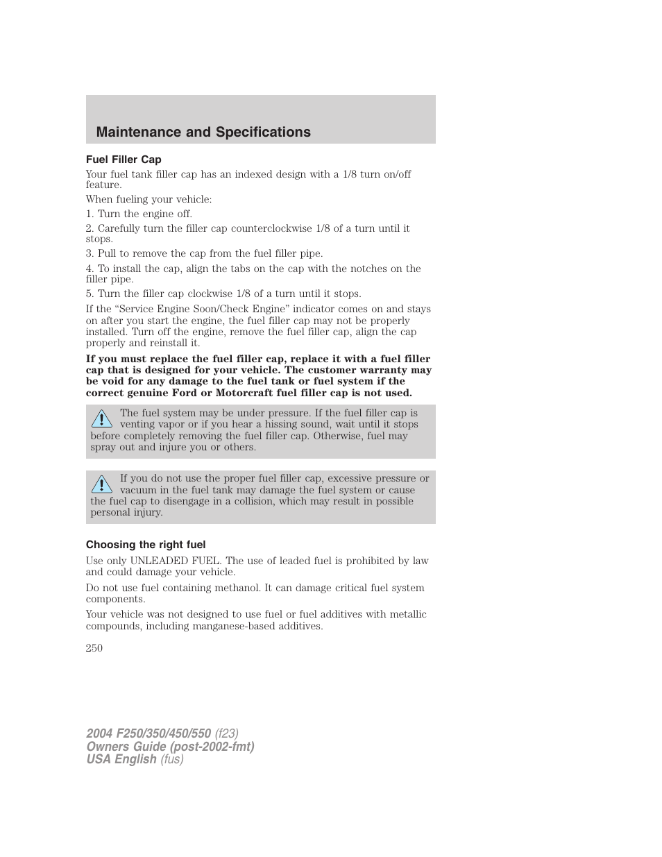 Maintenance and specifications | FORD 2004 F-550 v.2 User Manual | Page 250 / 312