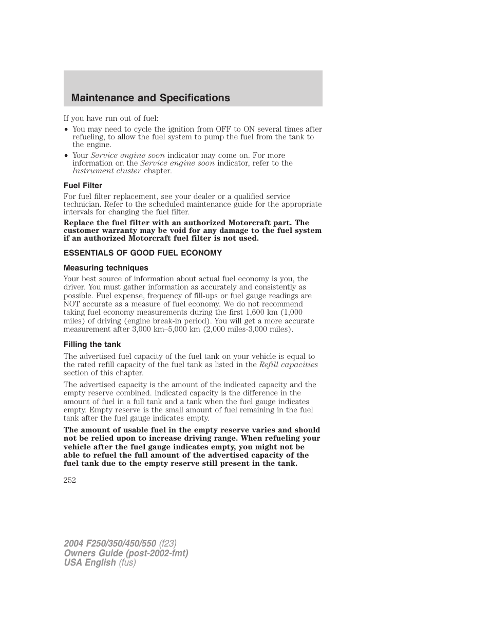 Maintenance and specifications | FORD 2004 F-550 v.2 User Manual | Page 252 / 312