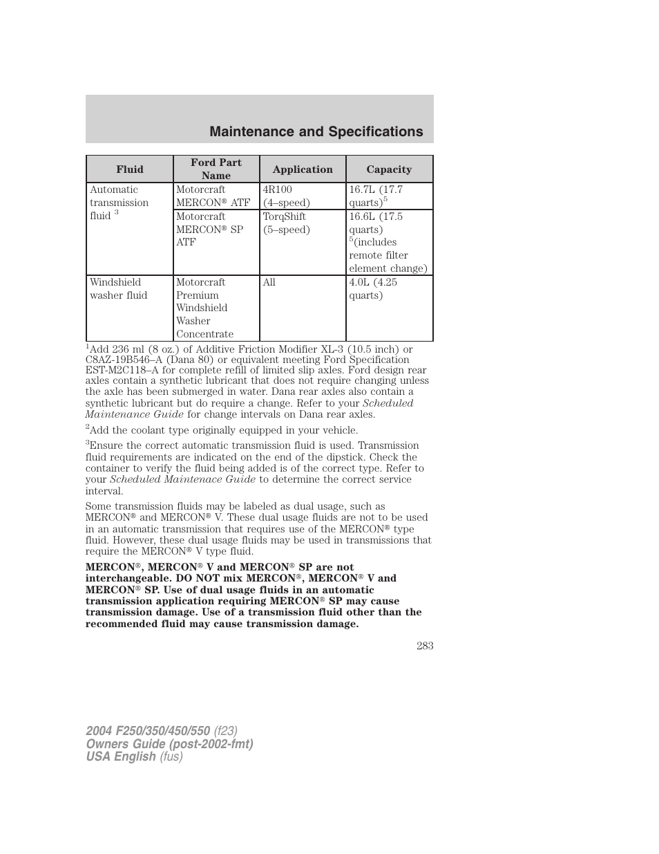 Maintenance and specifications | FORD 2004 F-550 v.2 User Manual | Page 283 / 312