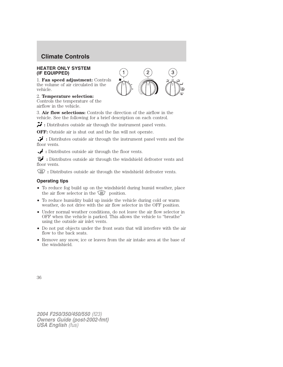 Climate controls | FORD 2004 F-550 v.2 User Manual | Page 36 / 312