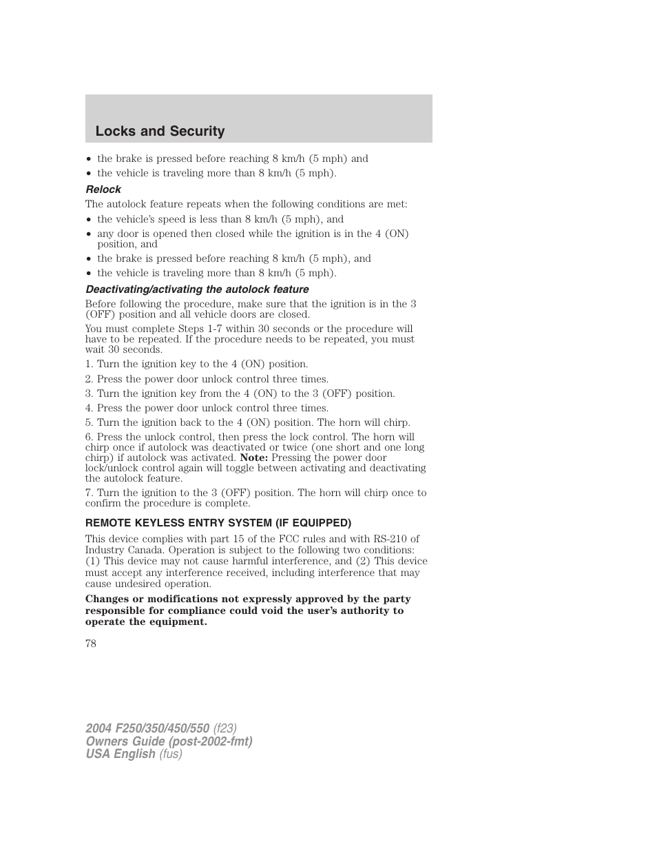 Locks and security | FORD 2004 F-550 v.2 User Manual | Page 78 / 312