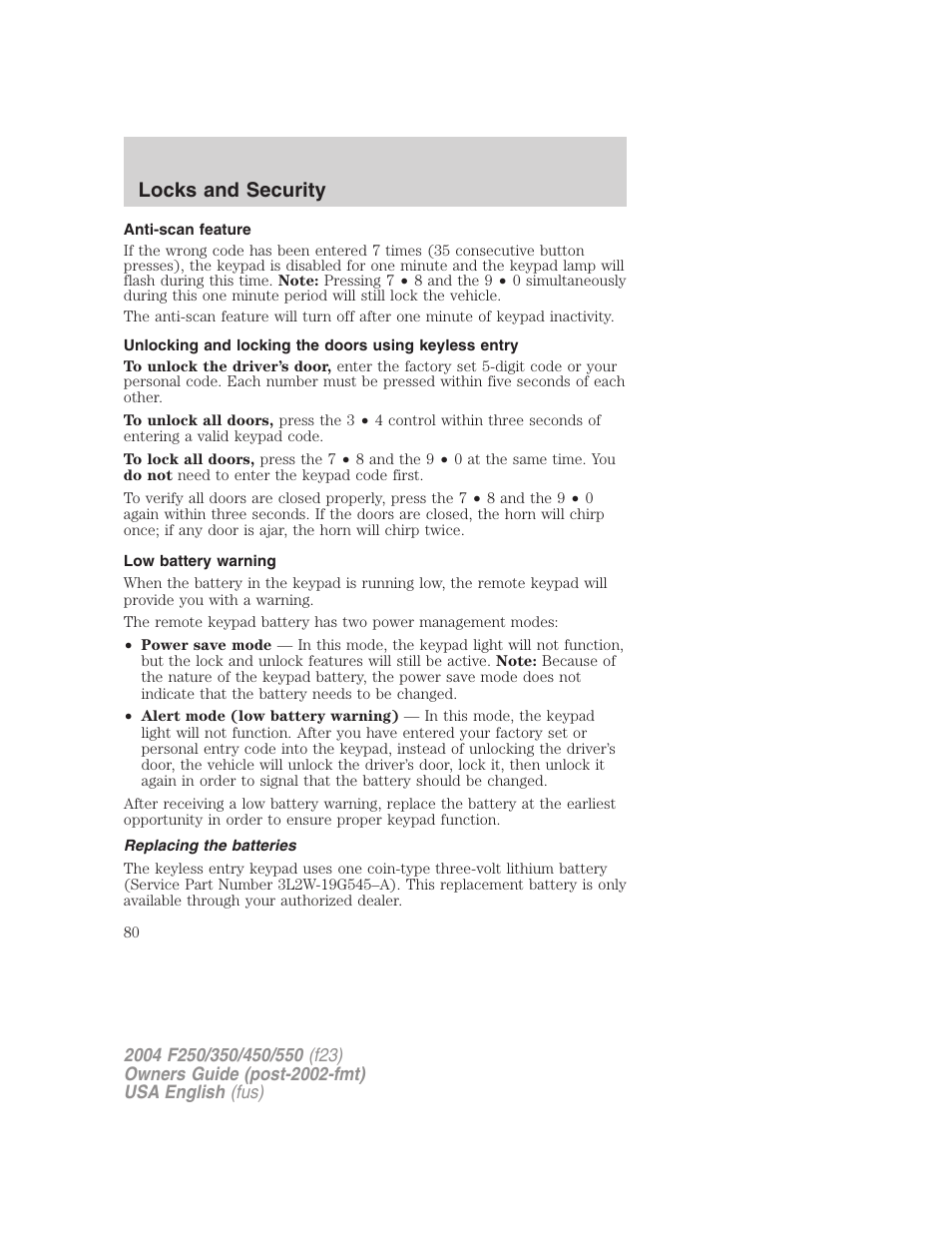 Locks and security | FORD 2004 F-550 v.2 User Manual | Page 80 / 312