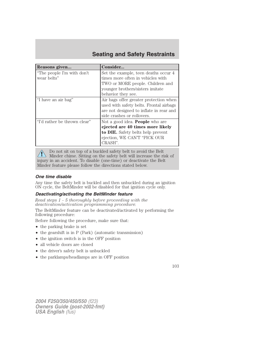 Seating and safety restraints | FORD 2004 F-550 v.3 User Manual | Page 103 / 312