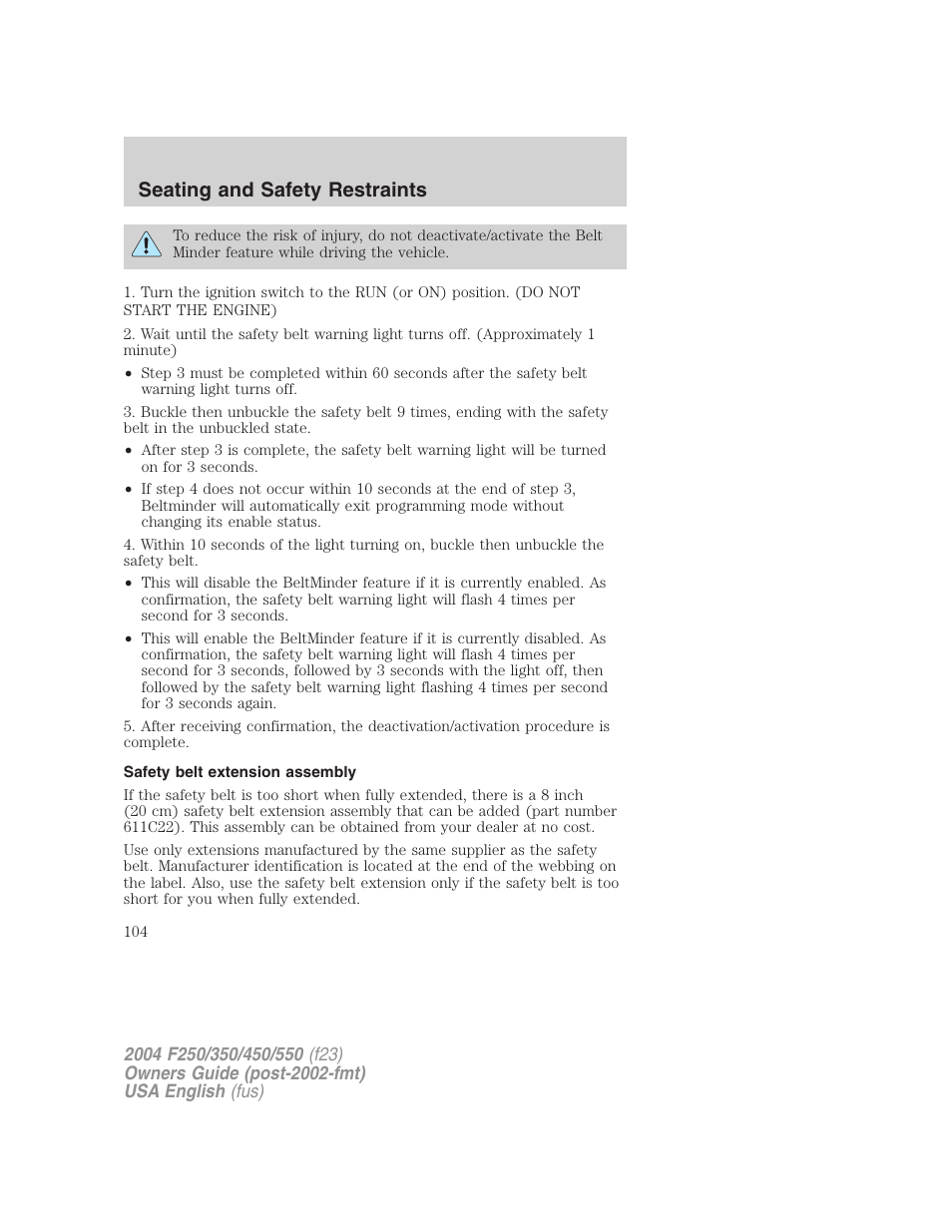 Seating and safety restraints | FORD 2004 F-550 v.3 User Manual | Page 104 / 312