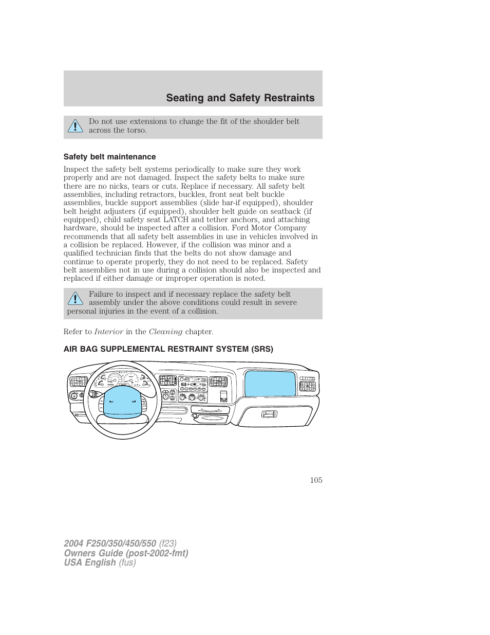 Seating and safety restraints | FORD 2004 F-550 v.3 User Manual | Page 105 / 312