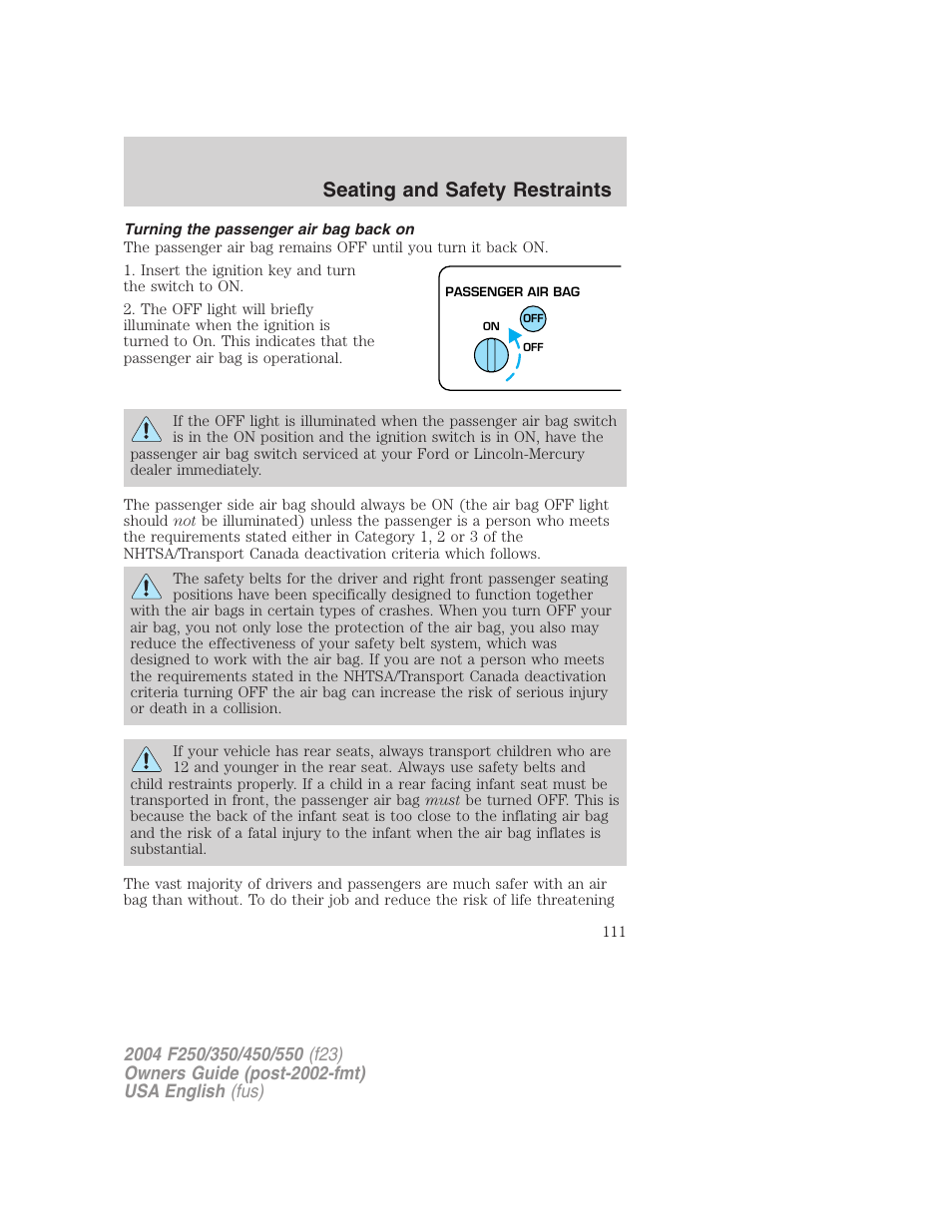 Seating and safety restraints | FORD 2004 F-550 v.3 User Manual | Page 111 / 312