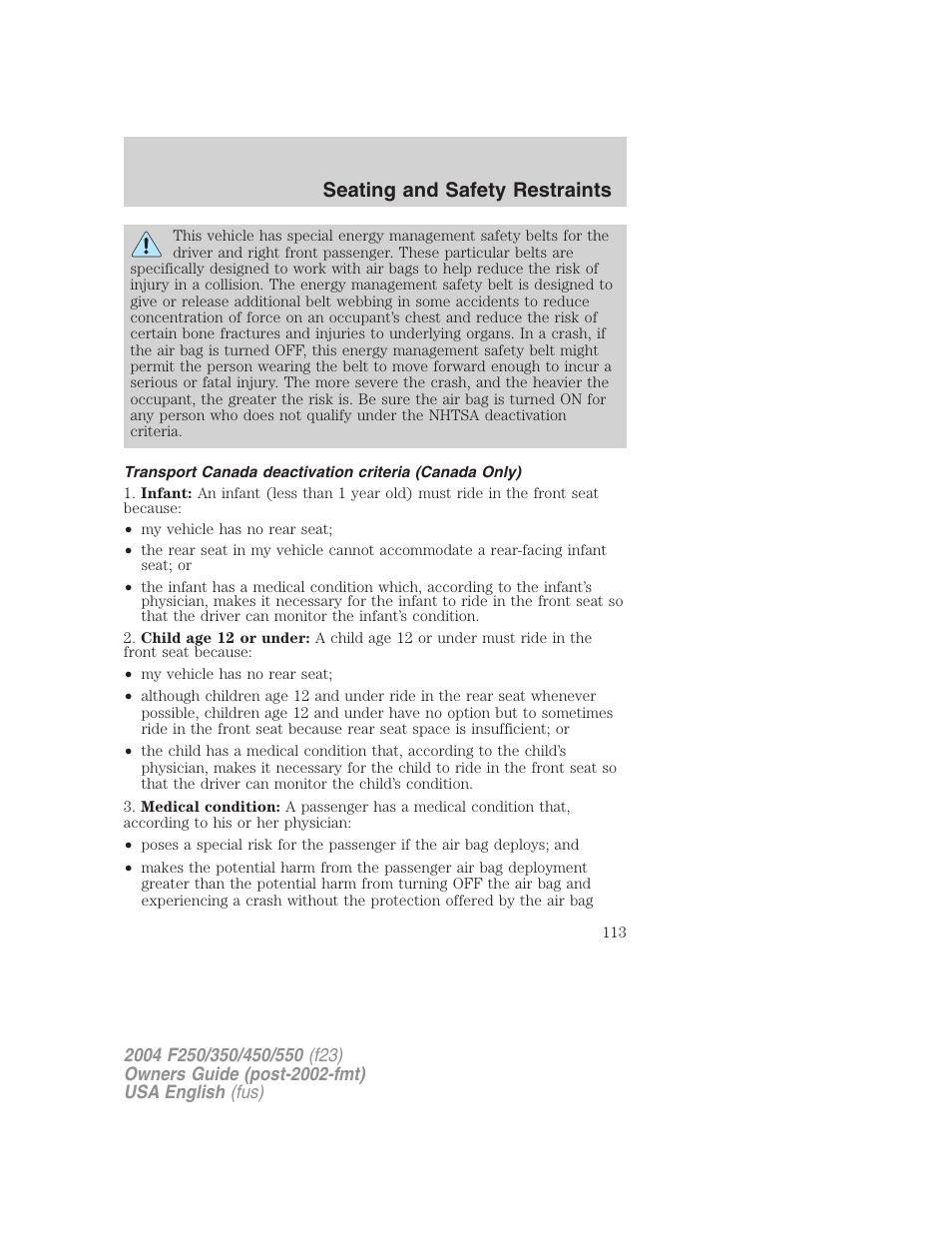 Seating and safety restraints | FORD 2004 F-550 v.3 User Manual | Page 113 / 312