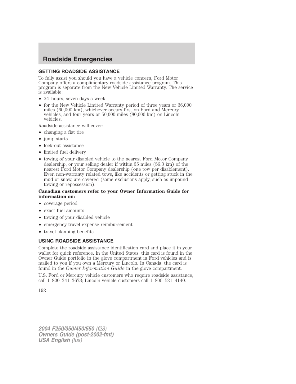 Roadside emergencies | FORD 2004 F-550 v.3 User Manual | Page 192 / 312