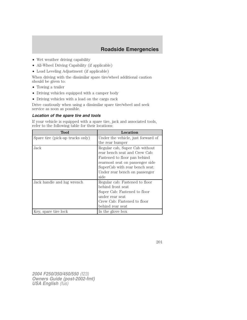 Roadside emergencies | FORD 2004 F-550 v.3 User Manual | Page 201 / 312