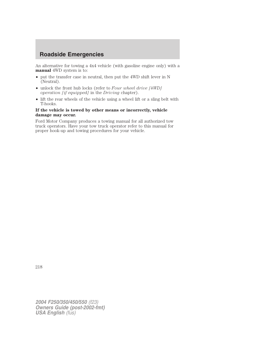 Roadside emergencies | FORD 2004 F-550 v.3 User Manual | Page 218 / 312