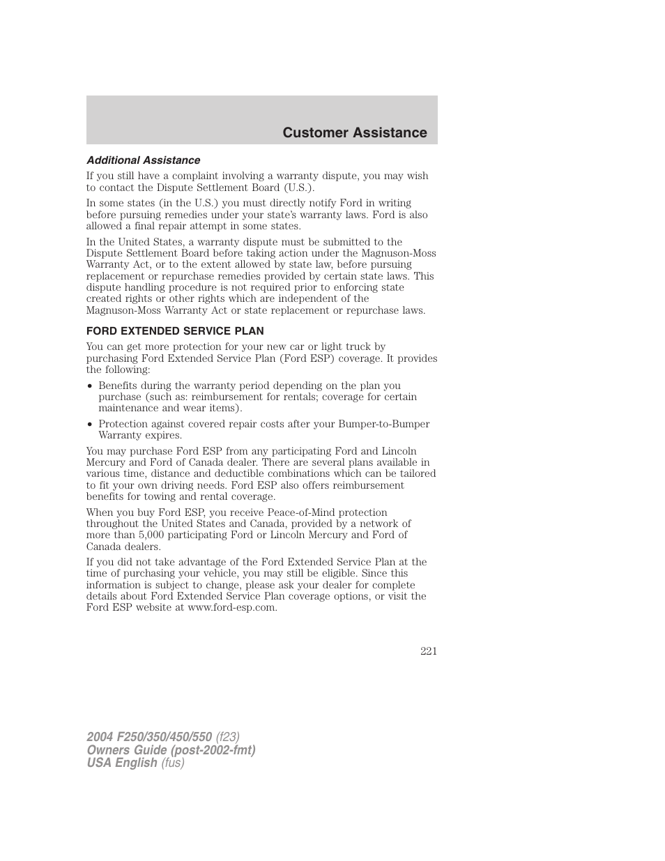 Customer assistance | FORD 2004 F-550 v.3 User Manual | Page 221 / 312