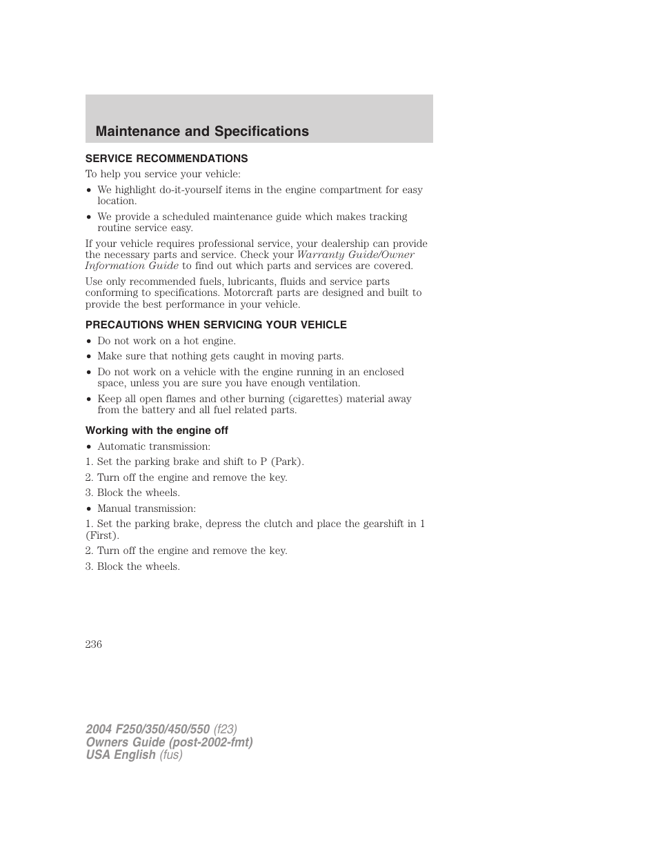 Maintenance and specifications | FORD 2004 F-550 v.3 User Manual | Page 236 / 312