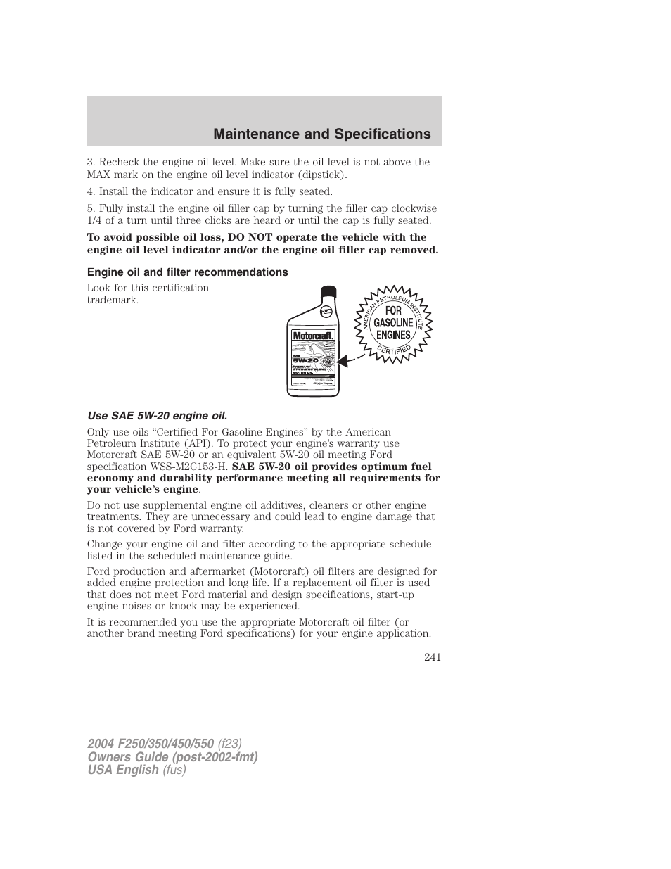 Maintenance and specifications | FORD 2004 F-550 v.3 User Manual | Page 241 / 312