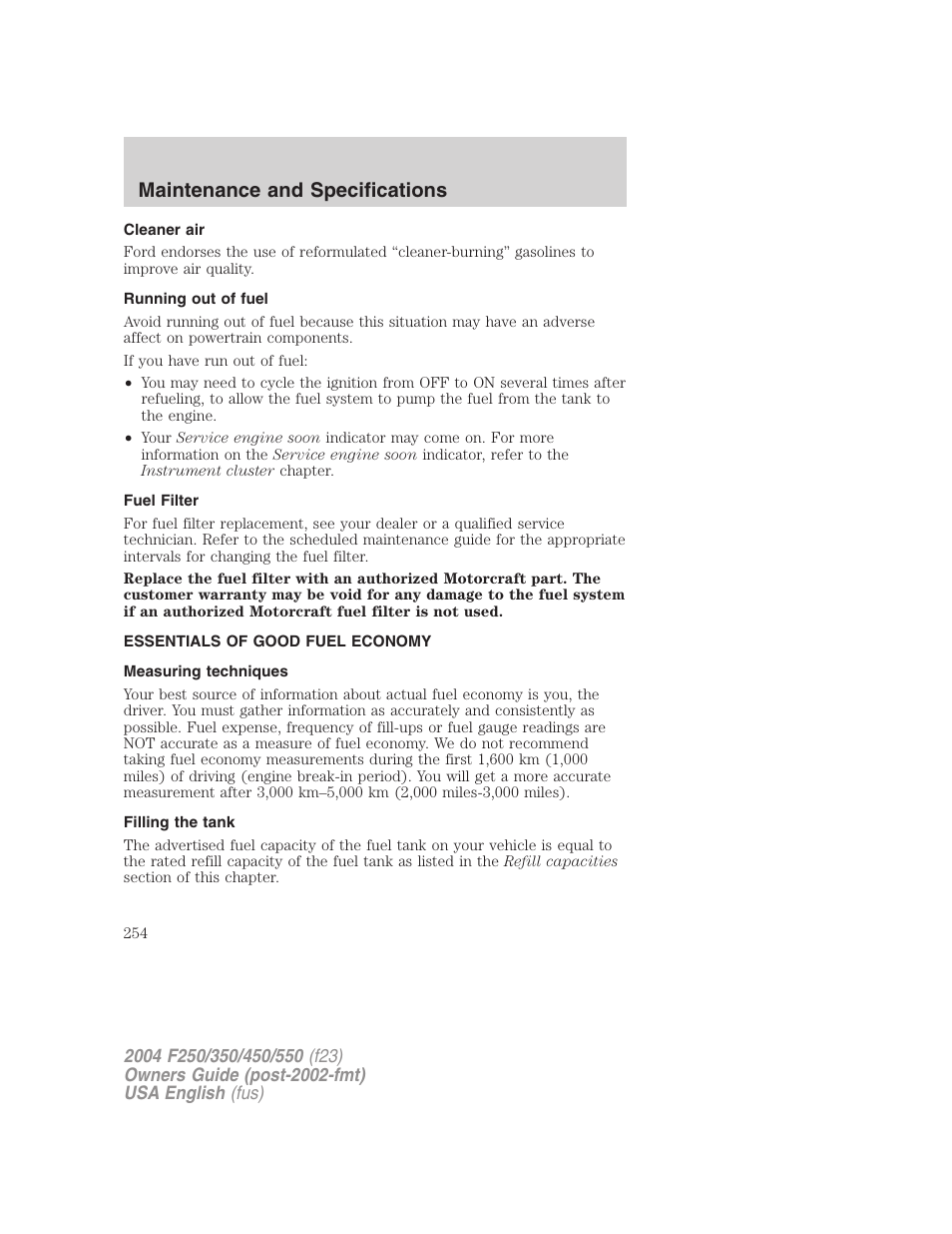 Maintenance and specifications | FORD 2004 F-550 v.3 User Manual | Page 254 / 312
