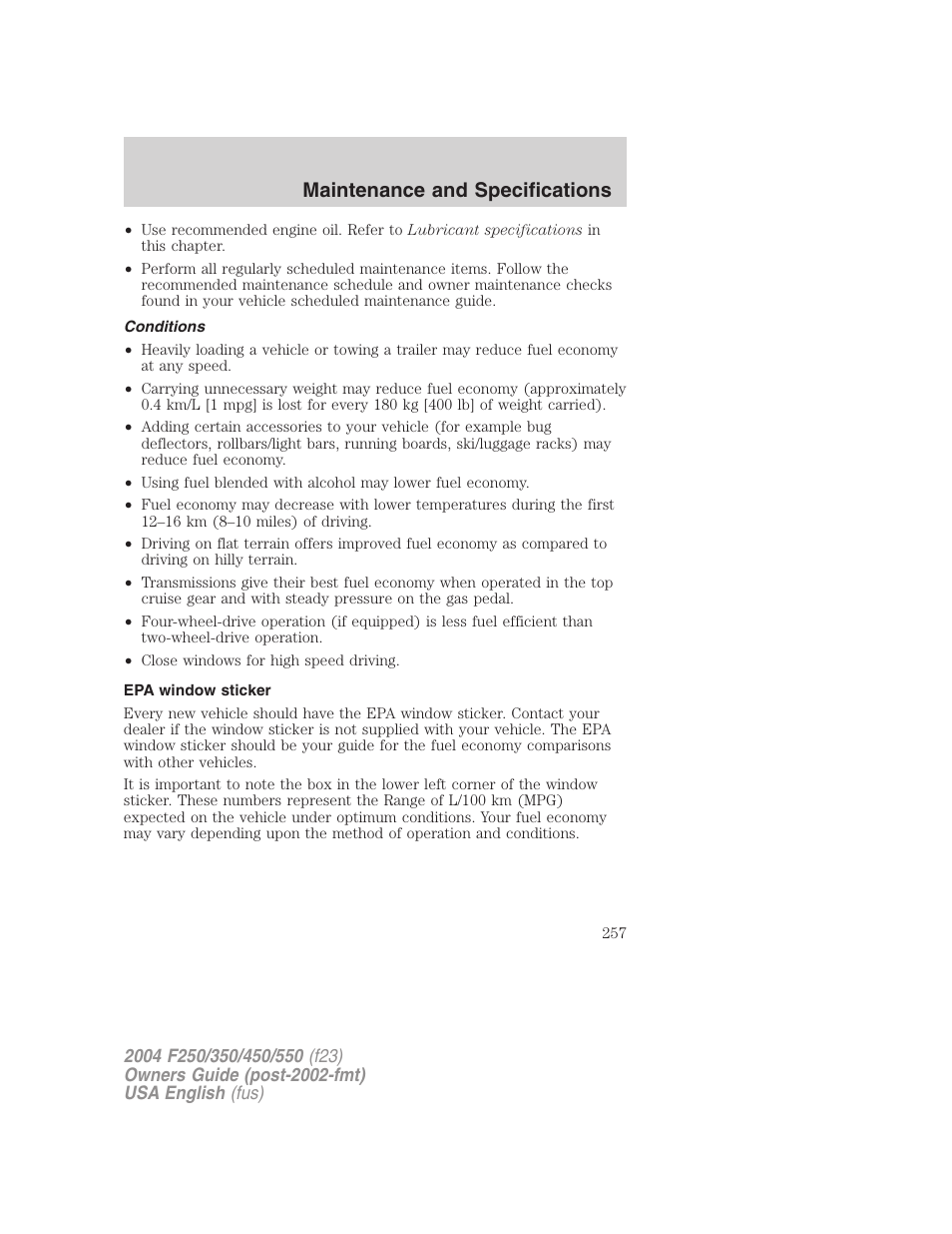 Maintenance and specifications | FORD 2004 F-550 v.3 User Manual | Page 257 / 312