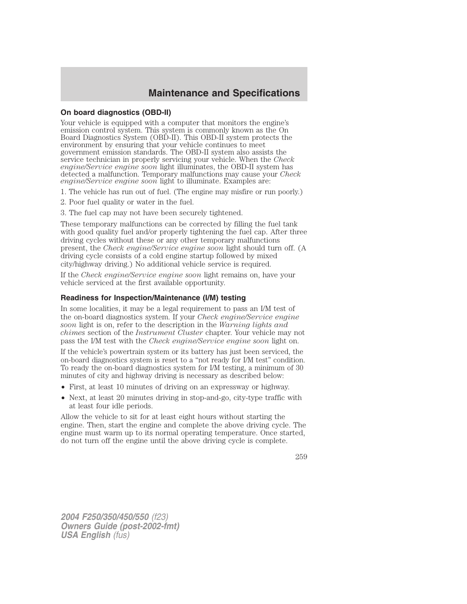 Maintenance and specifications | FORD 2004 F-550 v.3 User Manual | Page 259 / 312