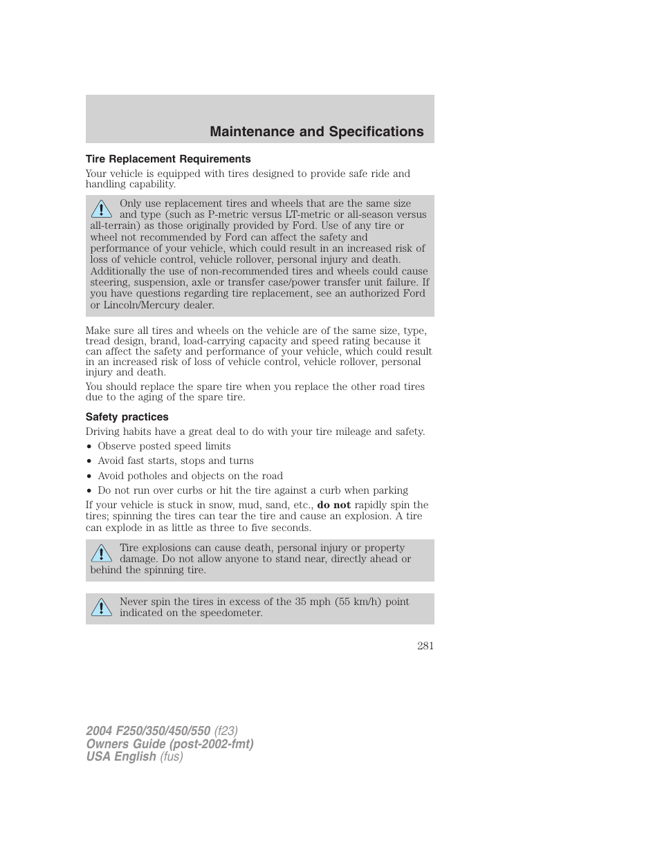 Maintenance and specifications | FORD 2004 F-550 v.3 User Manual | Page 281 / 312