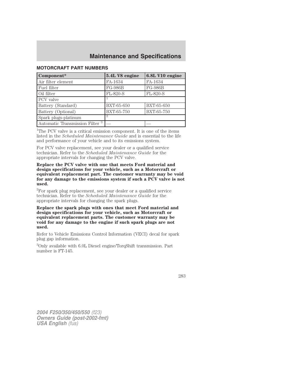 Maintenance and specifications | FORD 2004 F-550 v.3 User Manual | Page 283 / 312