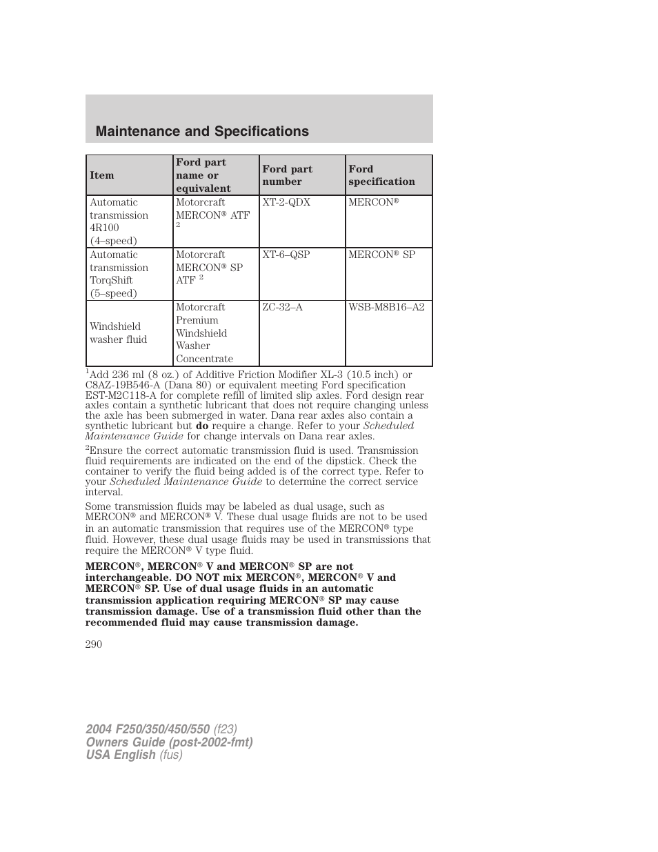 Maintenance and specifications | FORD 2004 F-550 v.3 User Manual | Page 290 / 312