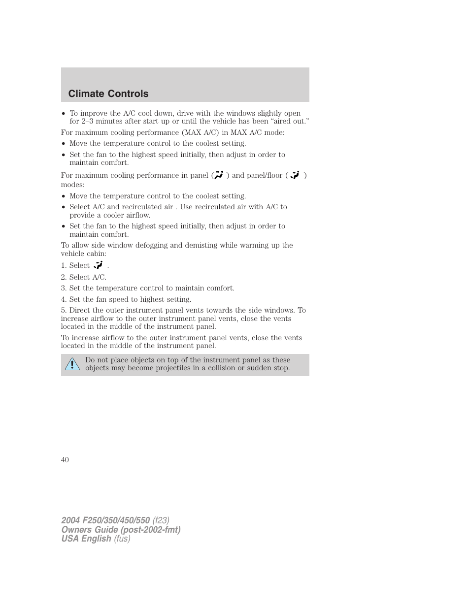 Climate controls | FORD 2004 F-550 v.3 User Manual | Page 40 / 312