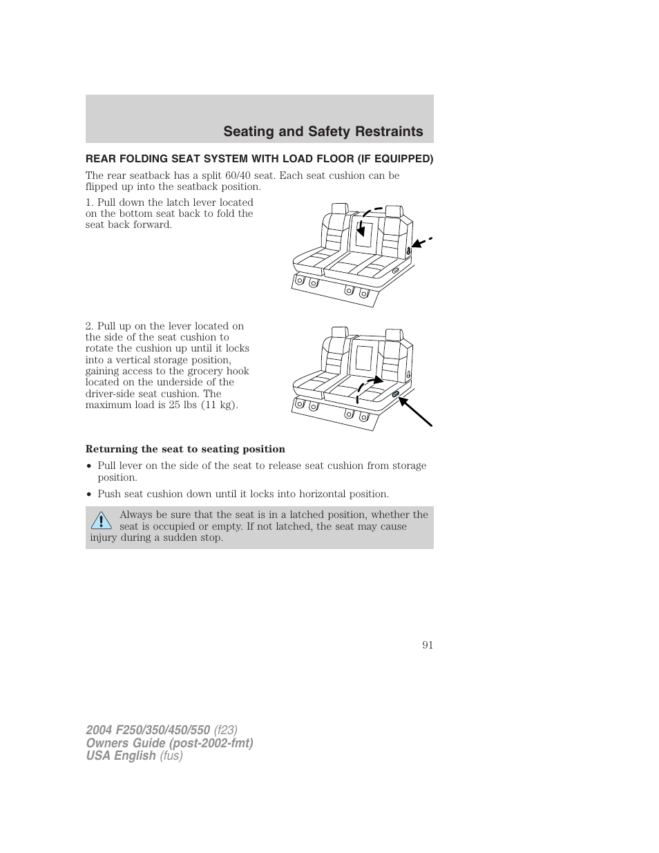 Seating and safety restraints | FORD 2004 F-550 v.3 User Manual | Page 91 / 312