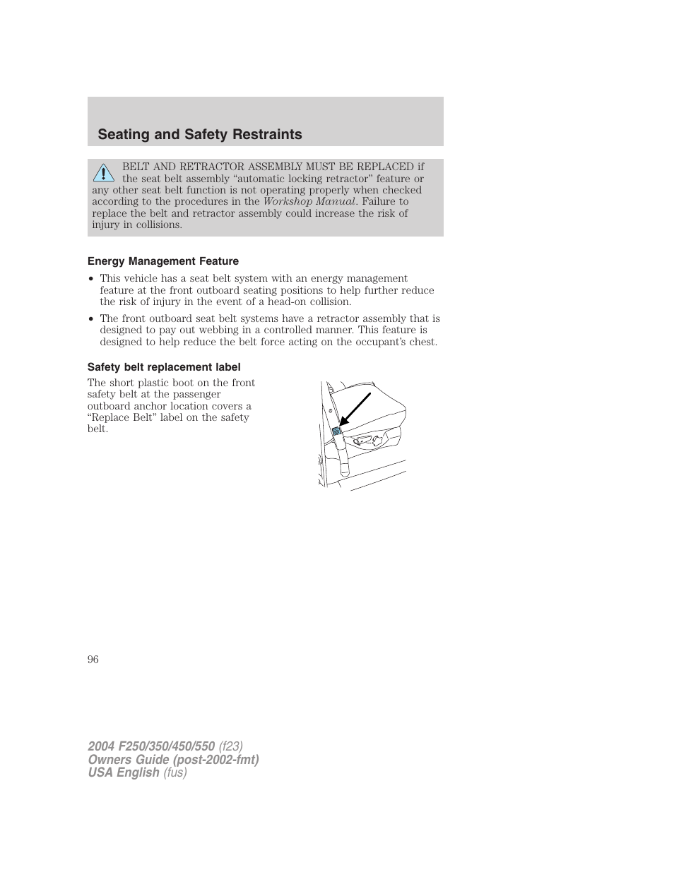 Seating and safety restraints | FORD 2004 F-550 v.3 User Manual | Page 96 / 312