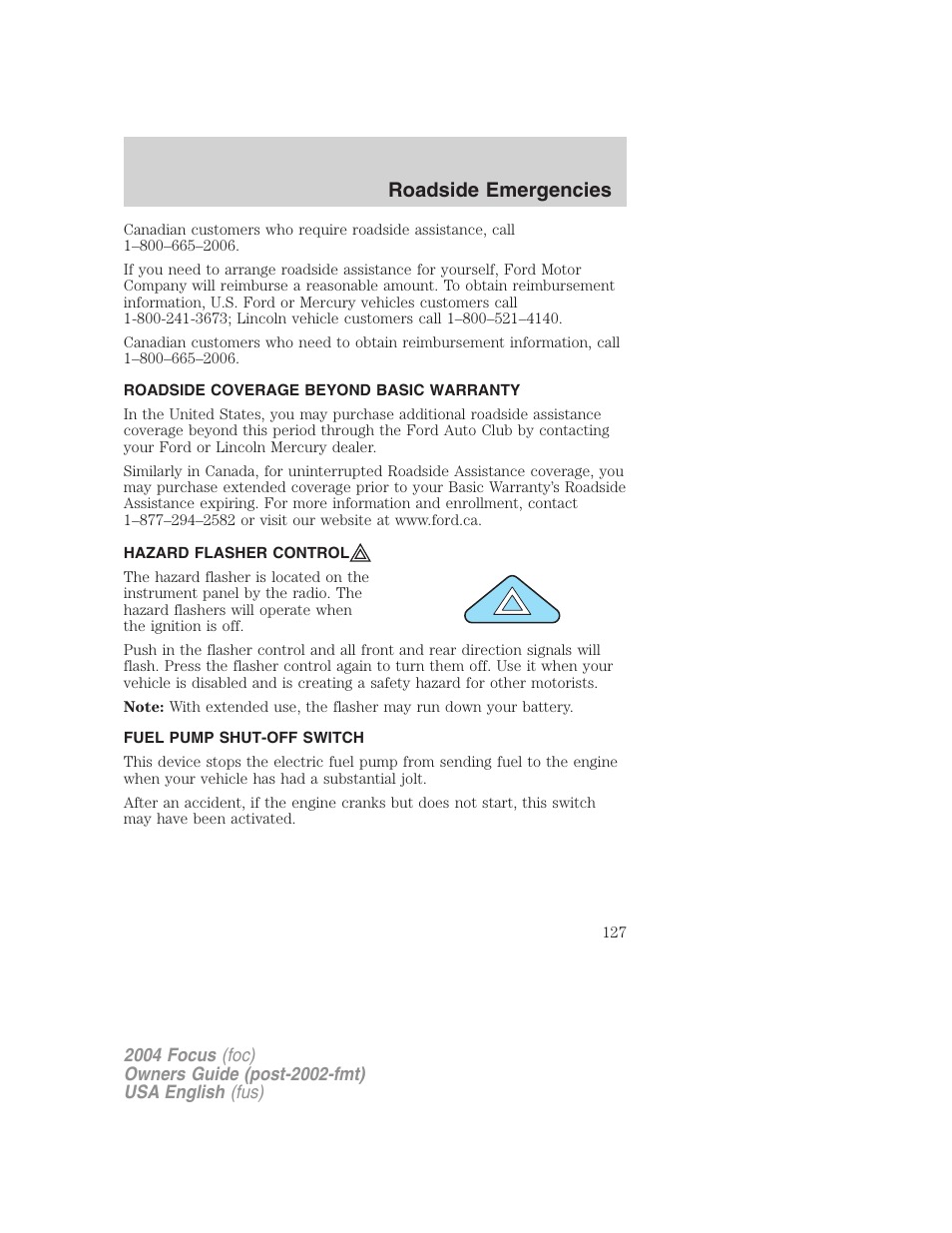 Roadside emergencies | FORD 2004 Focus v.1 User Manual | Page 127 / 232
