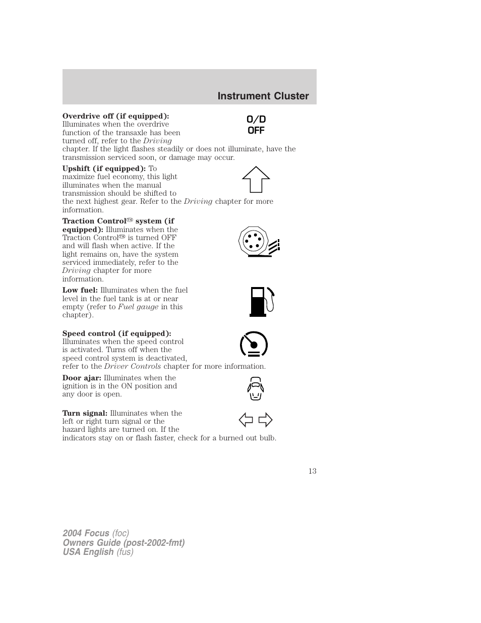 Instrument cluster | FORD 2004 Focus v.1 User Manual | Page 13 / 232