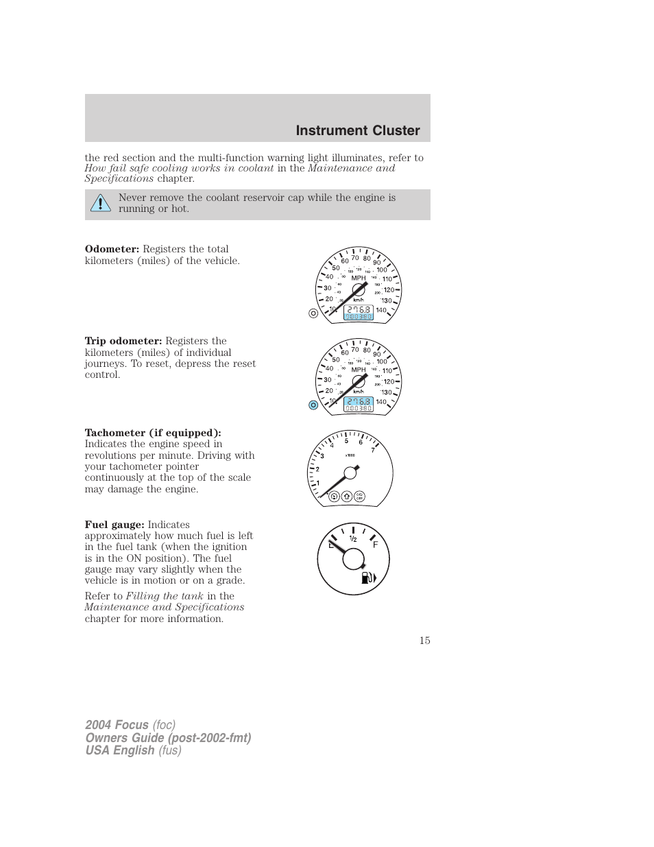 Instrument cluster | FORD 2004 Focus v.1 User Manual | Page 15 / 232