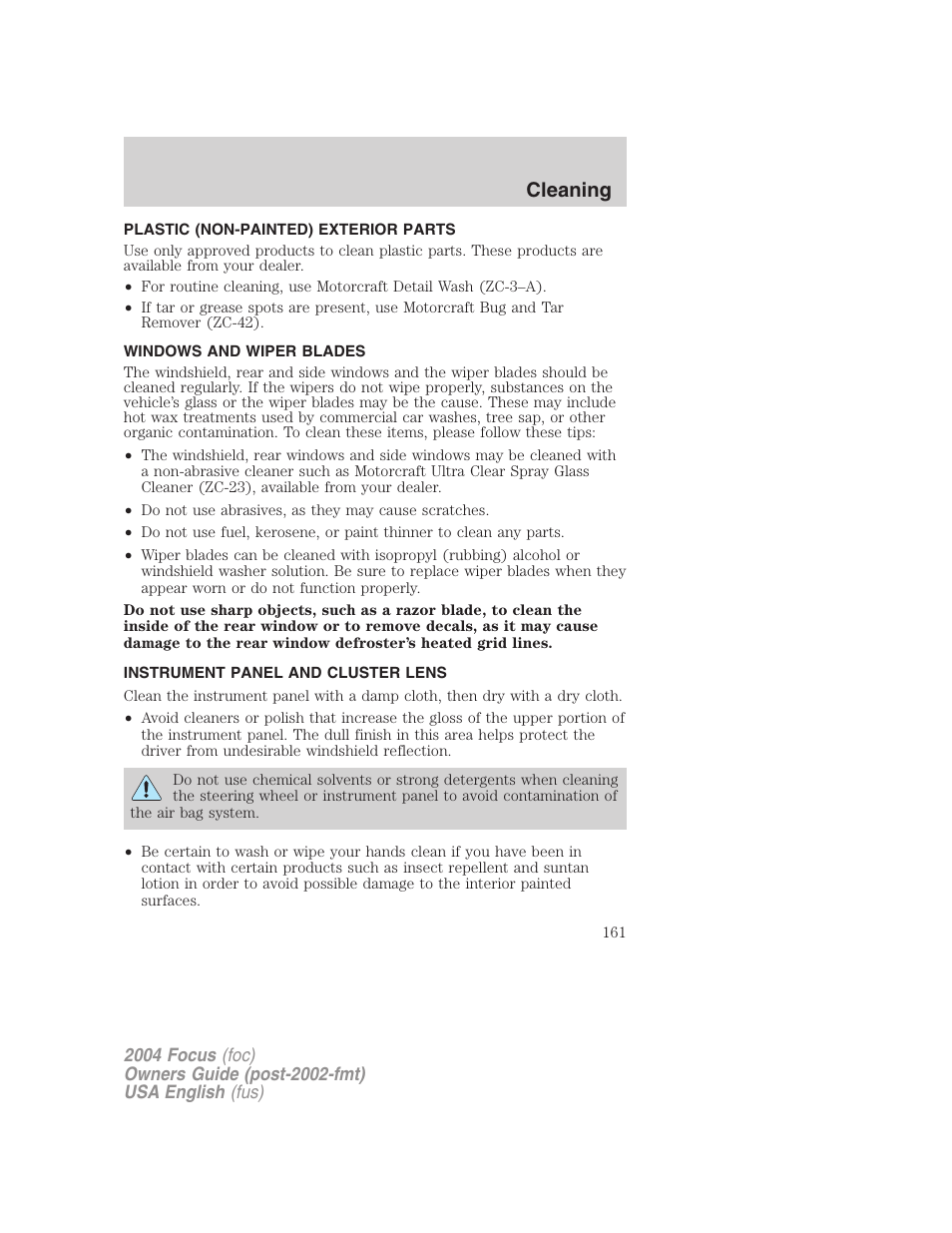 Cleaning | FORD 2004 Focus v.1 User Manual | Page 161 / 232