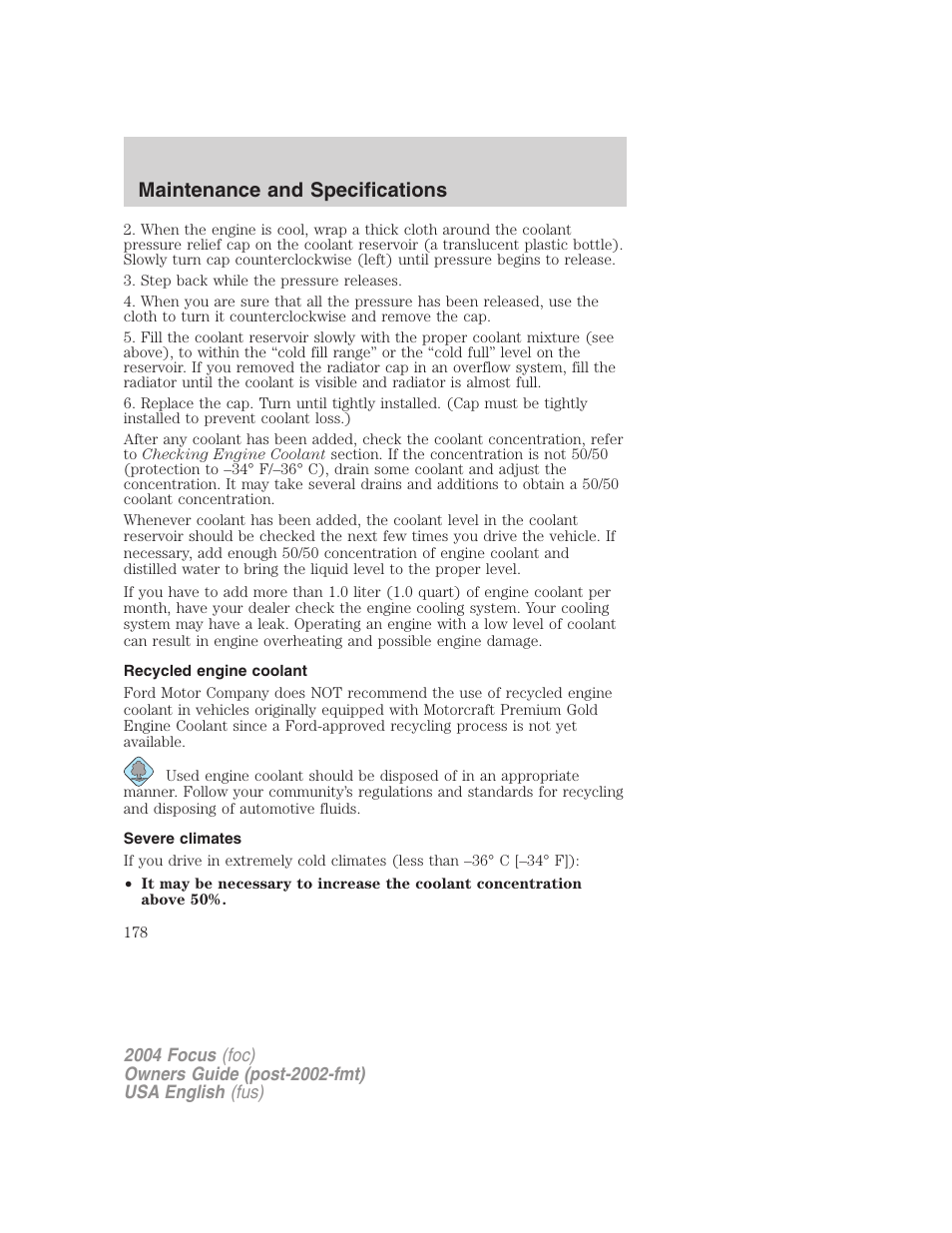 Maintenance and specifications | FORD 2004 Focus v.1 User Manual | Page 178 / 232