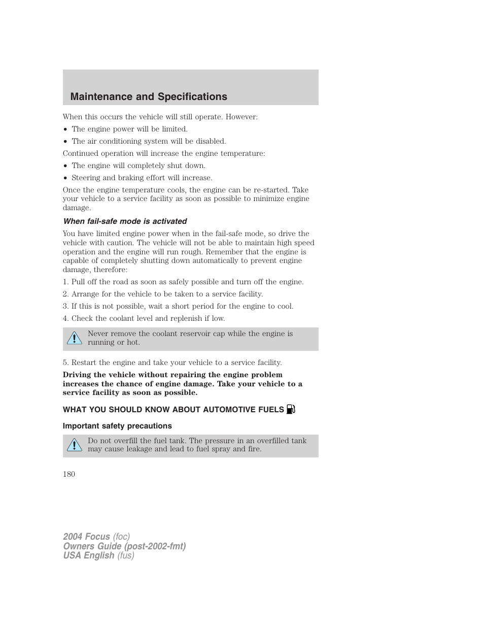 Maintenance and specifications | FORD 2004 Focus v.1 User Manual | Page 180 / 232