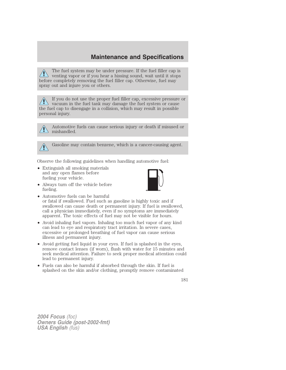 Maintenance and specifications | FORD 2004 Focus v.1 User Manual | Page 181 / 232