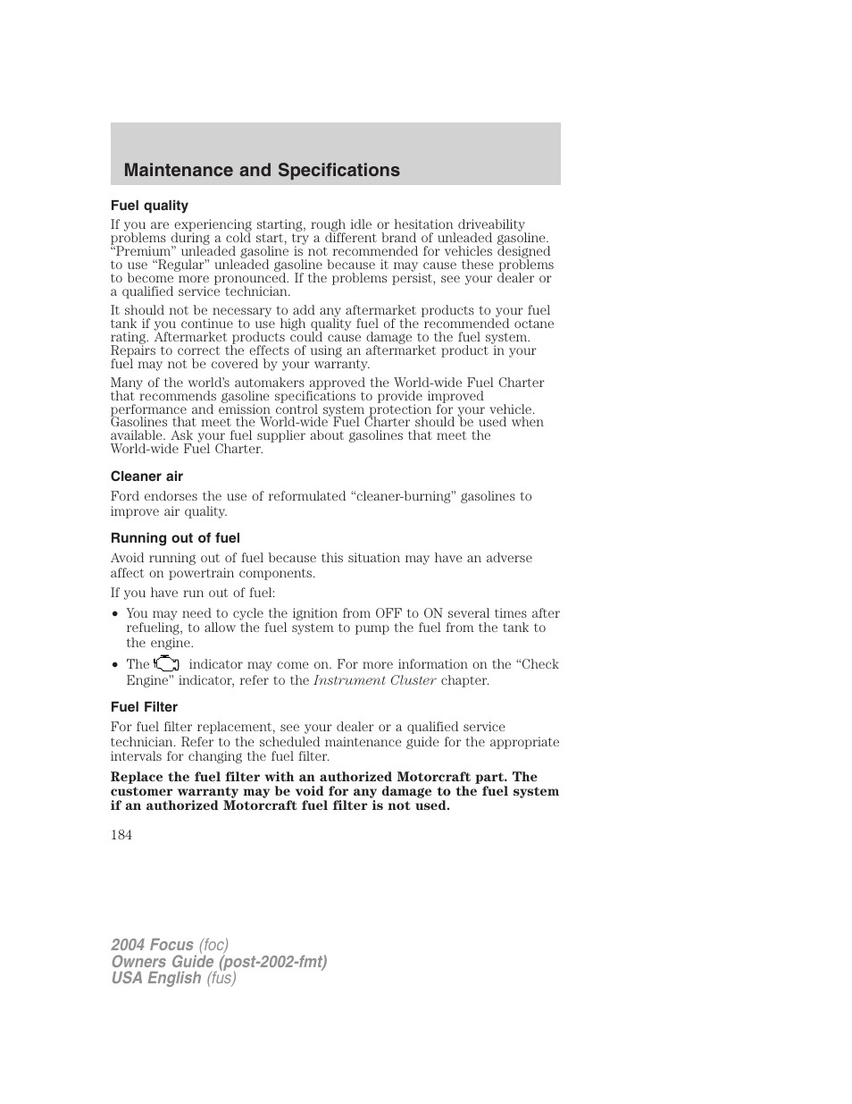 Maintenance and specifications | FORD 2004 Focus v.1 User Manual | Page 184 / 232