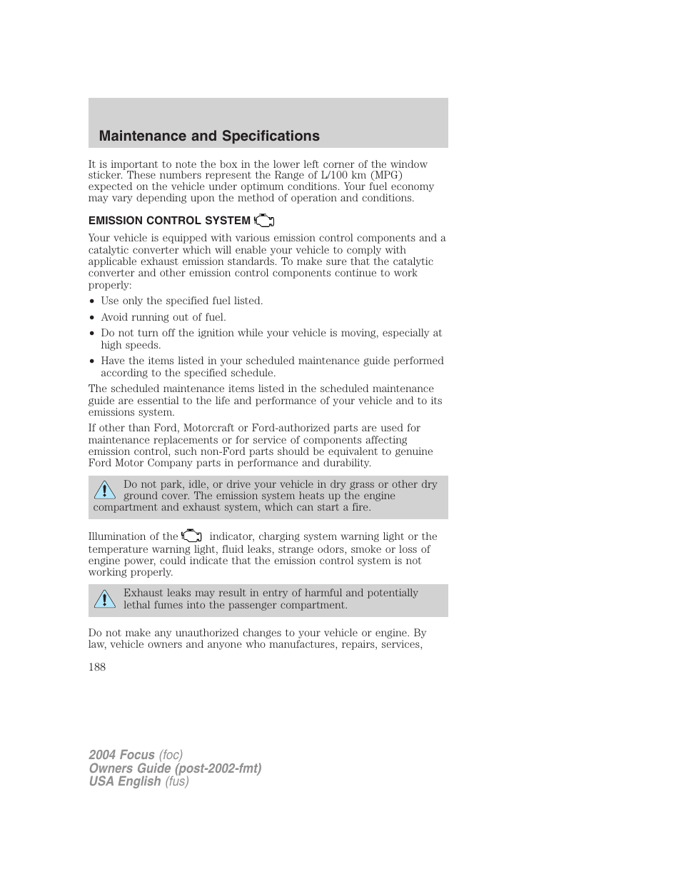 Maintenance and specifications | FORD 2004 Focus v.1 User Manual | Page 188 / 232