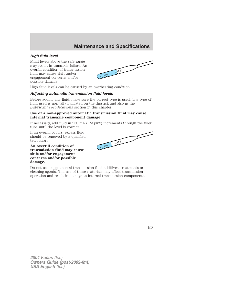 Maintenance and specifications | FORD 2004 Focus v.1 User Manual | Page 193 / 232