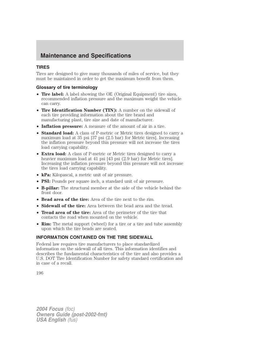 Maintenance and specifications | FORD 2004 Focus v.1 User Manual | Page 196 / 232