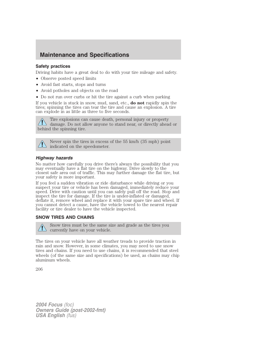 Maintenance and specifications | FORD 2004 Focus v.1 User Manual | Page 206 / 232