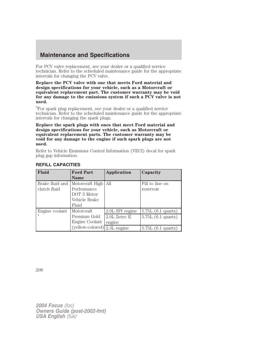 Maintenance and specifications | FORD 2004 Focus v.1 User Manual | Page 208 / 232