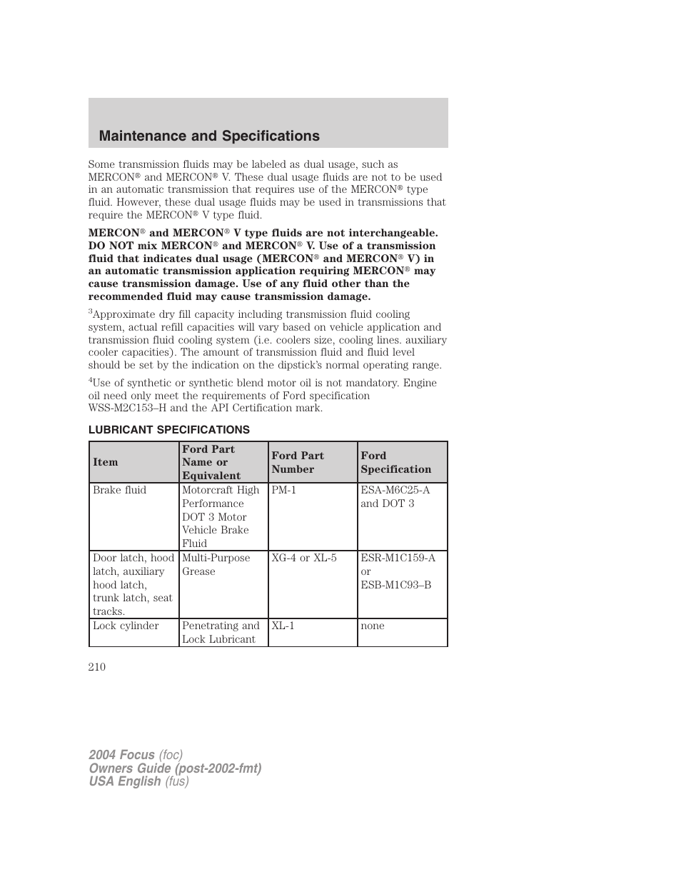 Maintenance and specifications | FORD 2004 Focus v.1 User Manual | Page 210 / 232