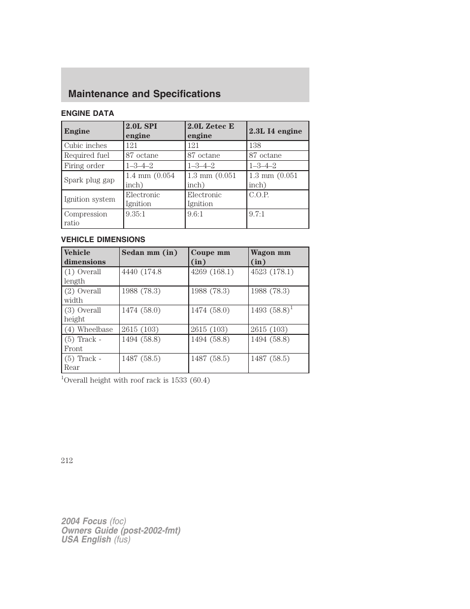 Maintenance and specifications | FORD 2004 Focus v.1 User Manual | Page 212 / 232