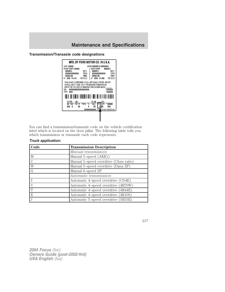 Maintenance and specifications | FORD 2004 Focus v.1 User Manual | Page 217 / 232