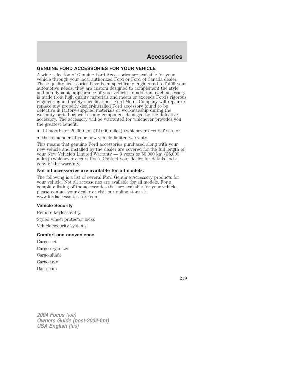 Accessories | FORD 2004 Focus v.1 User Manual | Page 219 / 232