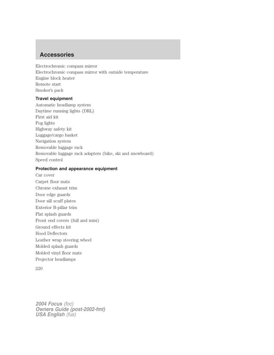 Accessories | FORD 2004 Focus v.1 User Manual | Page 220 / 232