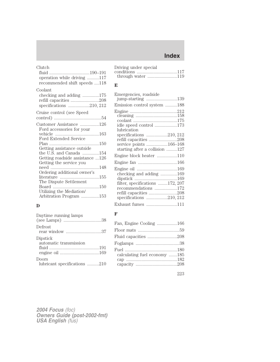 Index | FORD 2004 Focus v.1 User Manual | Page 223 / 232